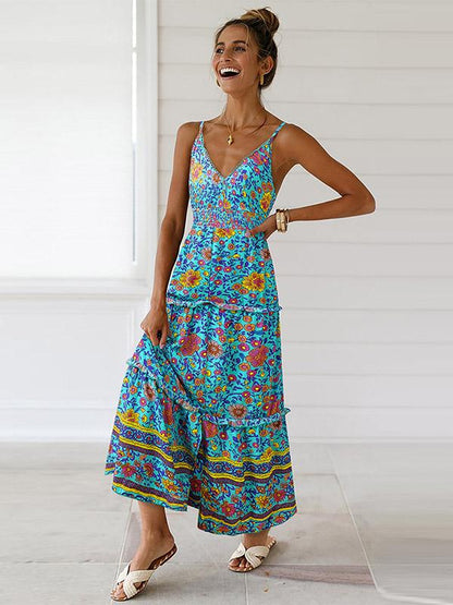 Slit Down Floral Printed V-neck Maxi Dress