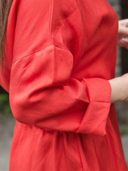 Color Blocking Tencel Linen Round-neck Long Dress