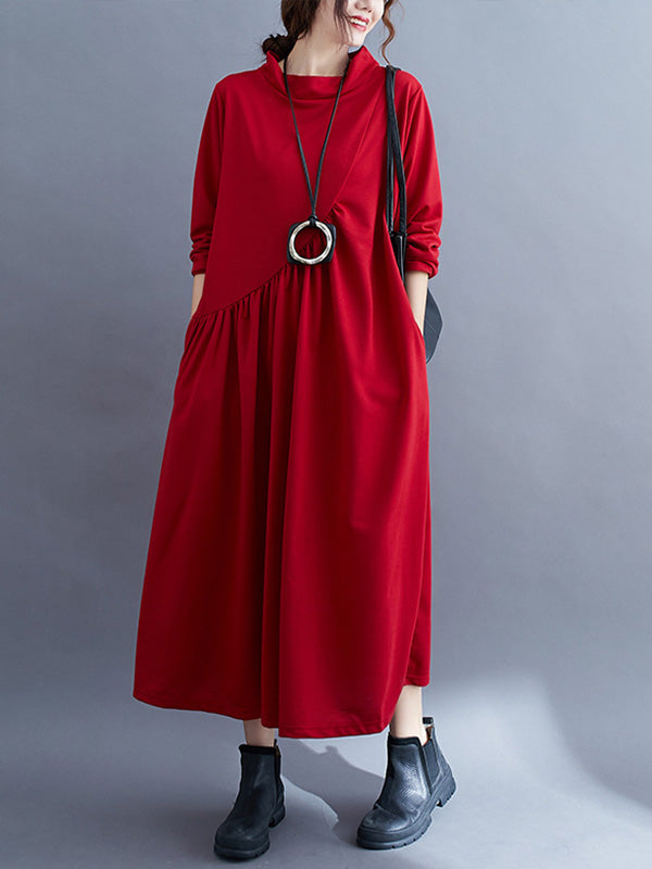Simple Solid Color Asymmetric Split-Joint Long Sleeve Midi Dress