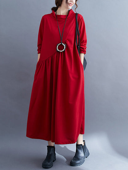Simple Solid Color Asymmetric Split-Joint Long Sleeve Midi Dress
