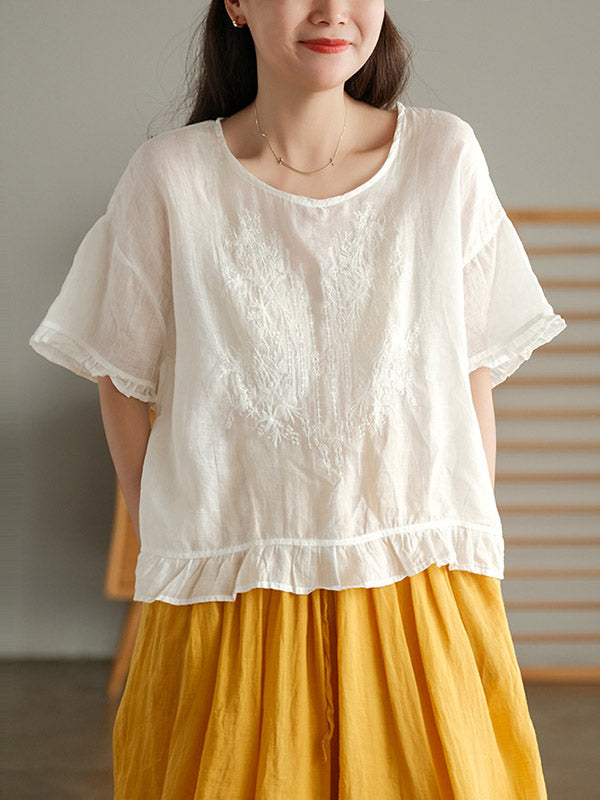 Ramie Cotton Embroidered Round-Neck T-Shirts Tops