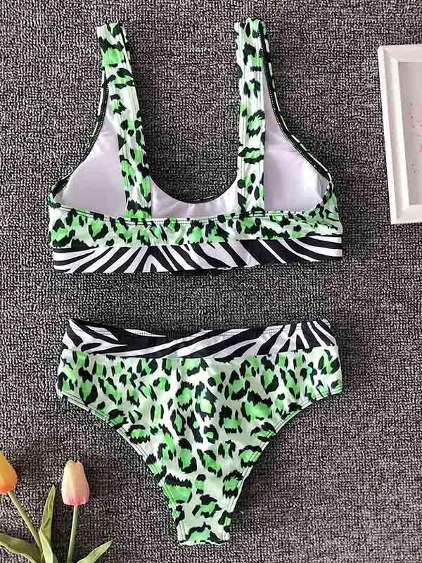 Leopard Print Plug Bandage Split Bikini Swimsuit
