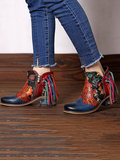 Printed Split-joint Tassels Zipper Booties