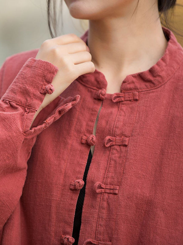 Original Artistic Retro Loose Solid Color Ramie Cotton Blouse Outwear