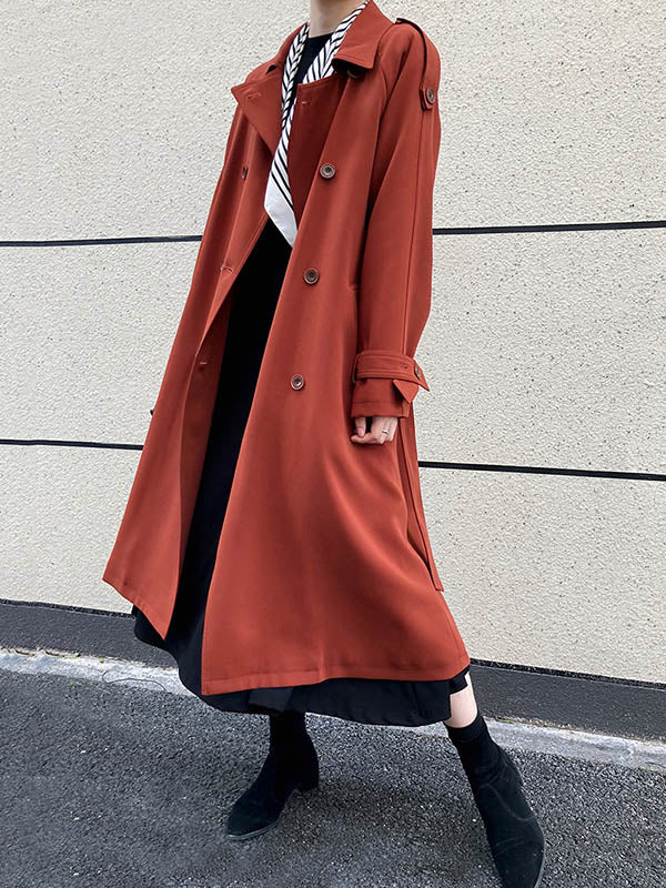 Chic Solid Color Buttoned Tied Notched Collar Long Sleeves Trench Coat