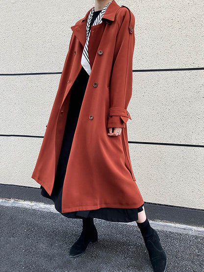 Chic Solid Color Buttoned Tied Notched Collar Long Sleeves Trench Coat