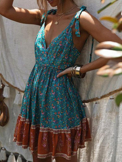 Sexy V-neck Printed Mini Dress
