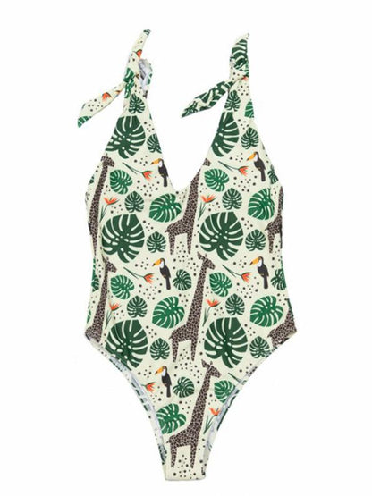 Deep V-Neck Shoulder Bandage Forest Print One-Piece Swimwear