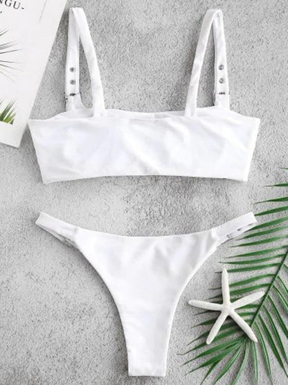 Buckle Plain Bandeau Bikini Swimsuit