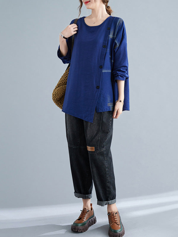 Casual Asymmetric Buttoned Round-Neck Long Sleeves T-Shirt Tops