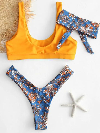 Plain Top Bikinis Swimwear With Headcloth