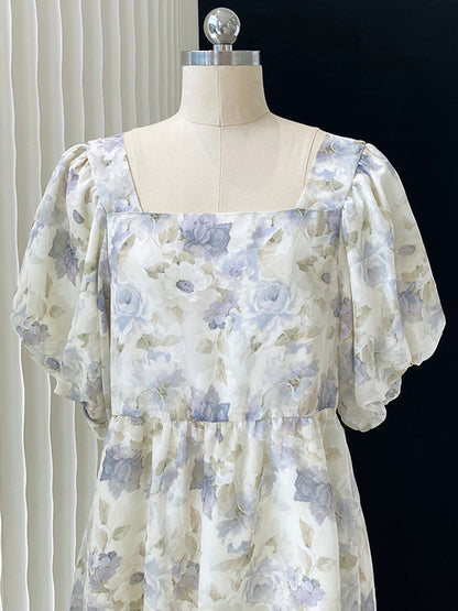 Original Floral Printed Square-Neck Puff Sleeve Mini Dress