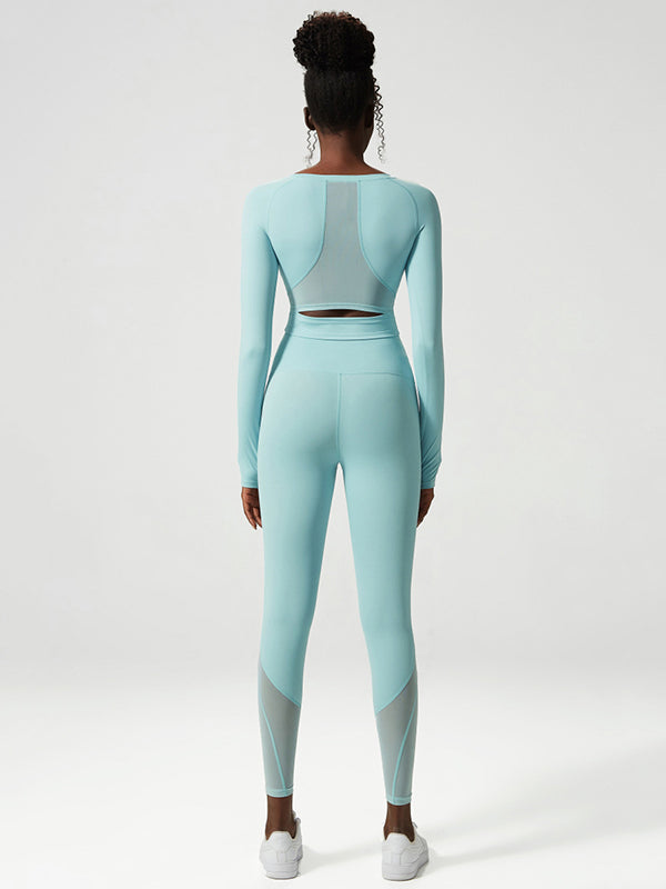 Solid Color U-Neck Long Sleeves Tees&Leggings Suits