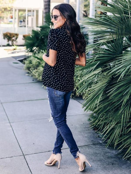 Polka Dot Loose Chiffon V neck Short Sleeve T-shirt