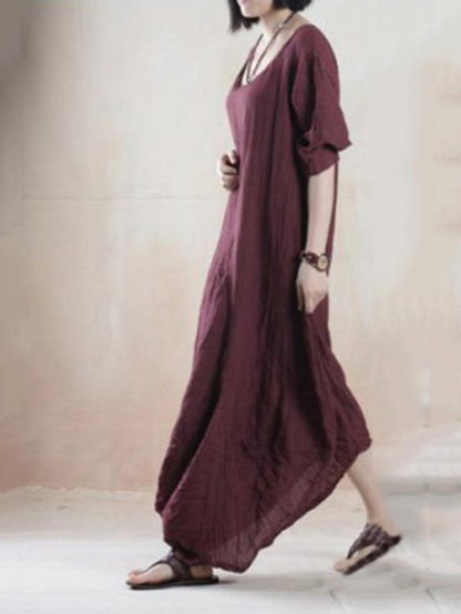 Tencel Half Sleeves Round-neck Maxi Dress