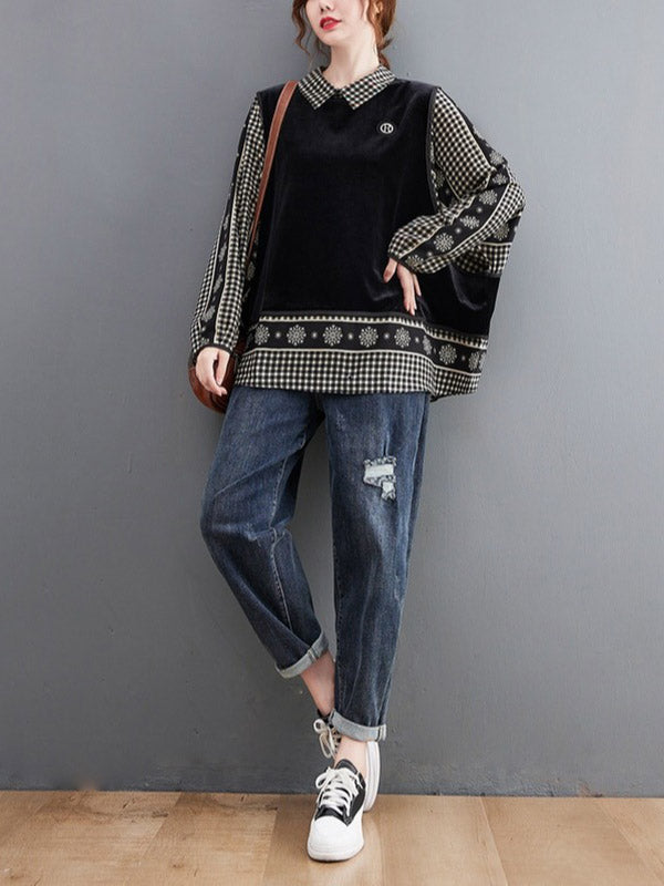 Casual Loose Plaid Floral Printed Lapel Collar Long Sleeves False Two Blouse