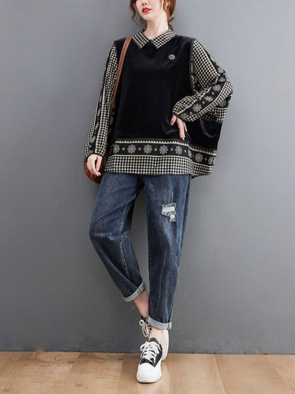 Casual Loose Plaid Floral Printed Lapel Collar Long Sleeves False Two Blouse