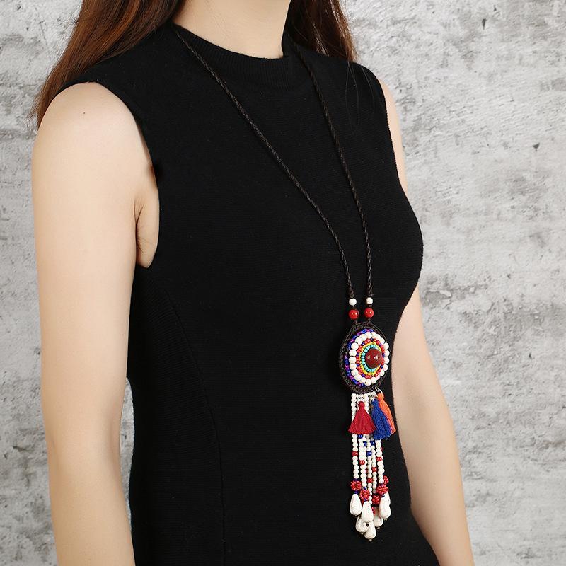Buykud Colored Tassels And Turquoise Long Woven Necklace
