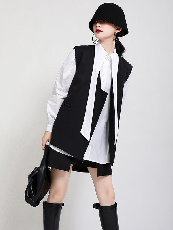 Stylish Urban Contrast Color Buttoned Lapel Collar Long Sleeves Blouse+Sleeveless Vest Outwear
