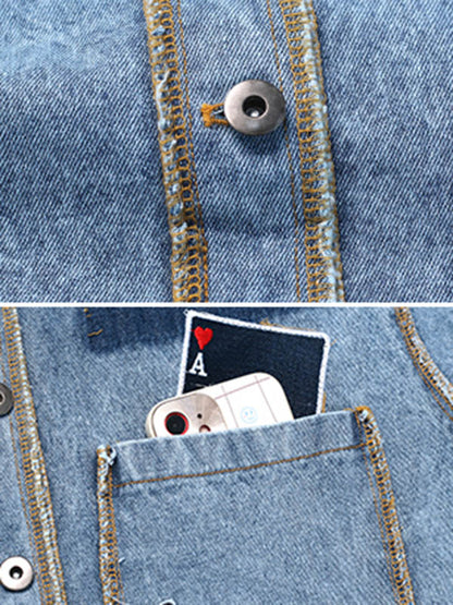 Original Stylish Loose Split-Joint With Pocket Buttoned Applique Lapel Collar Long Sleeves Denim Outwear