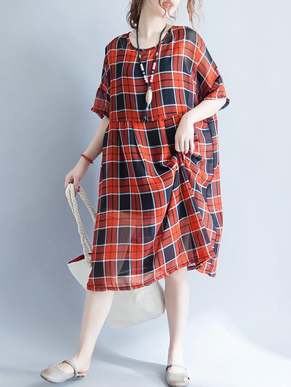 Loose Light Red Plaid Long Dress