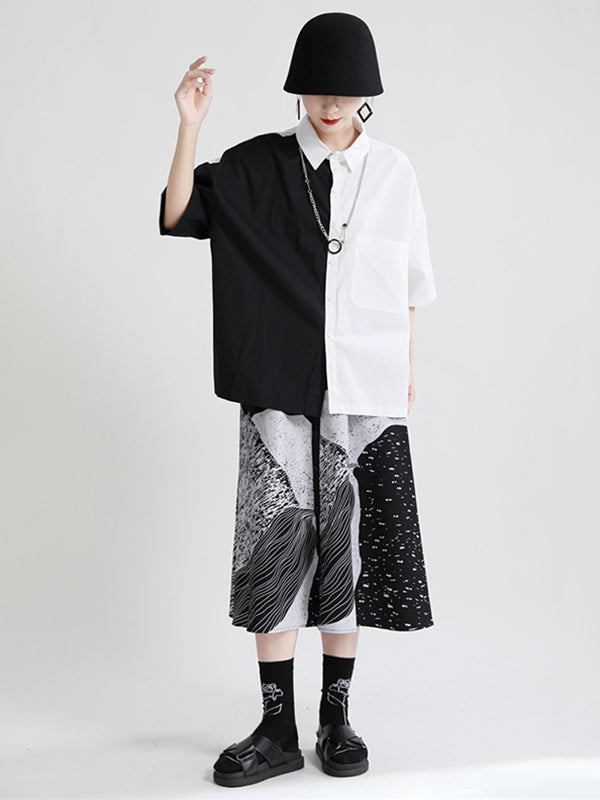 Original Contrast Color Split-Joint With Pocket Buttoned Lapel Color Long Sleeves Blouse