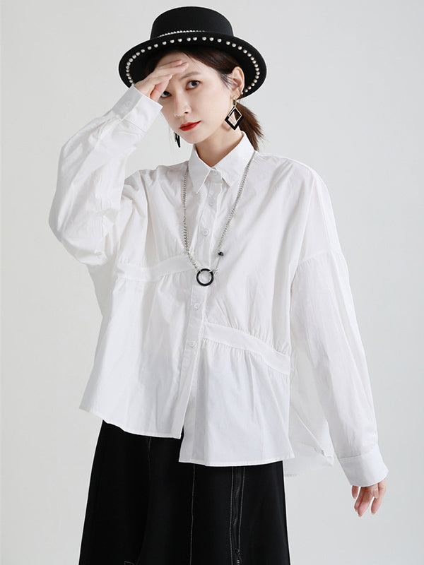 Original Irregular Solid Color Split-Joint Pleated Buttoned Lapel Collar Long Sleeves Blouse