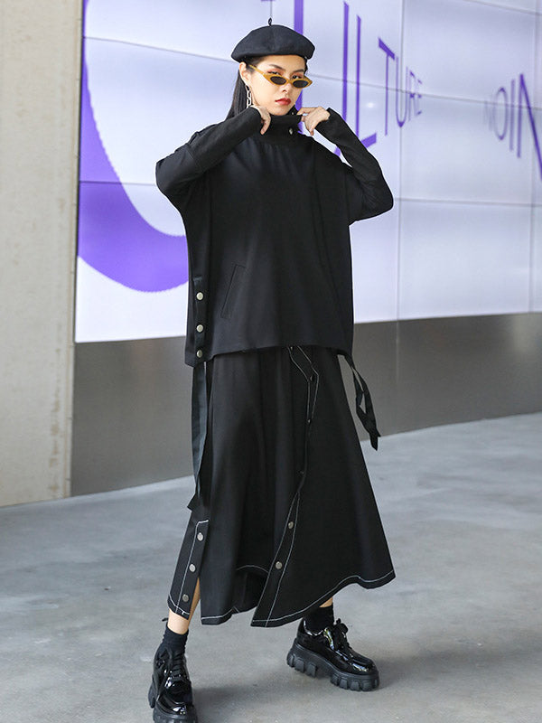 Stylish Selection Long Sleeves Buttoned Split-Side High-Neck Sweatshirt Tops