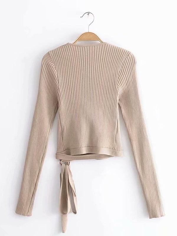 Solid Wrap V-Neck Sweater Tops