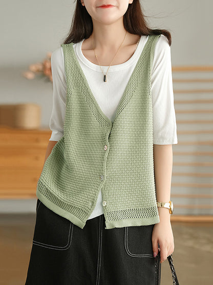 Simple Solid Color Buttoned V-Neck Hollow Vest Tops