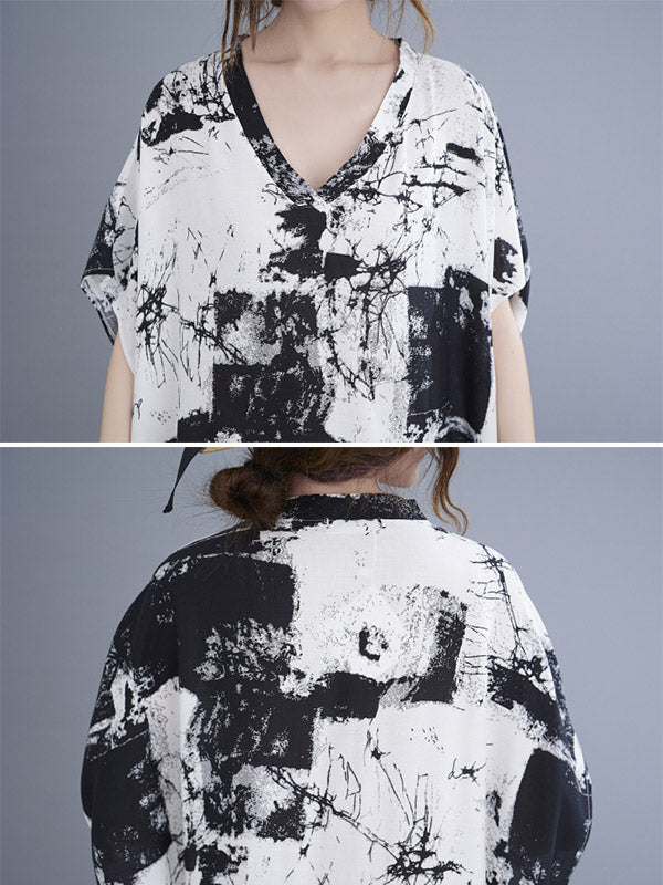 Original Ink-Printing V-Neck H-Line Maxi Dress