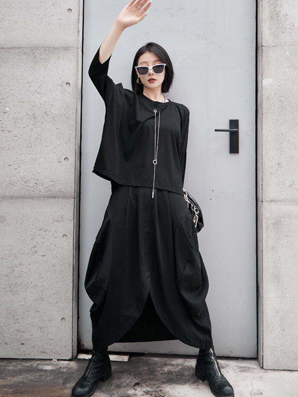 Stylish Black Cropped Split-Front High Waisted A-Line Skirts