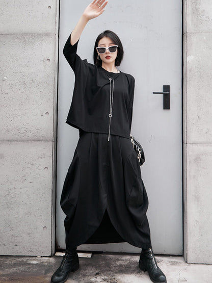 Stylish Black Cropped Split-Front High Waisted A-Line Skirts