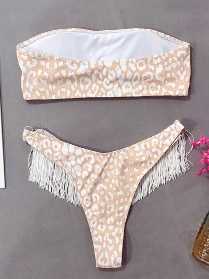 Strapless Tassels Leopard Print Bikini Swimsuit