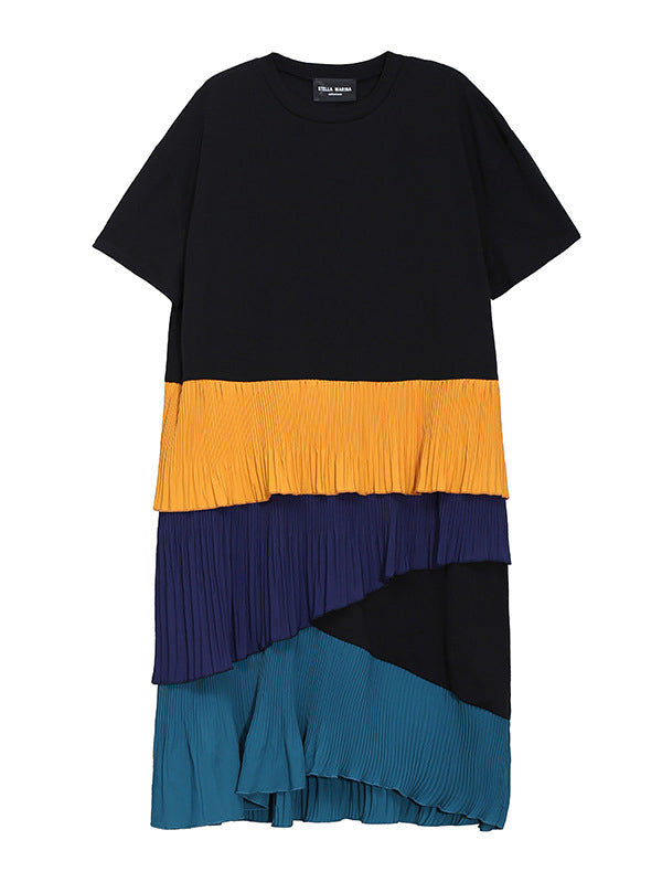 Original Contrast Color Split-Joint Round-Neck Midi Dress