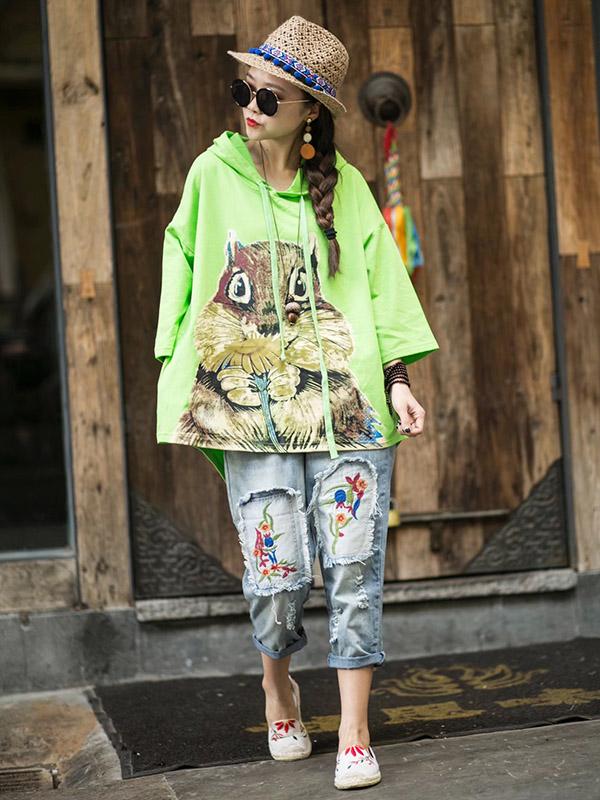 Loose Vintage Squirrel Print Hoodies