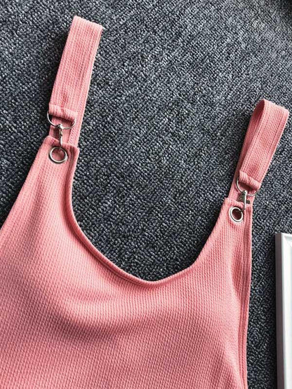 Ribbed Plain Wide Strap One-piece Swimsuit