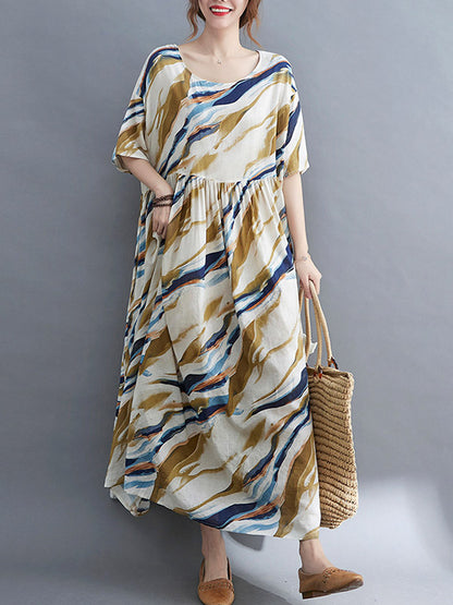 Vintage Loose Printed Split-Joint Pleated Half Sleeves Maxi Dress