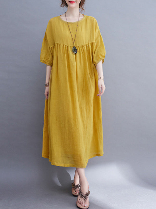 Simple Solid Color Puff Sleeve Midi Dress