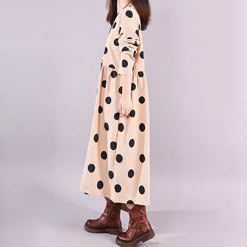 Buykud Autumn V-Neck Polka Dots Elegant Loose Dress