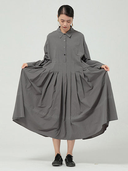 Casual Solid Color Buttoned Pleated Lapel Collar Long Sleeves Midi Dress
