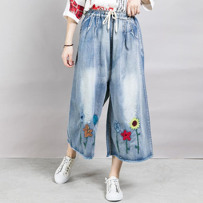Casual Embroidered Flowers Wide Leg Jeans