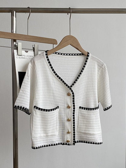 Casual Black&White V-Neck Short Sleeves Knitwear Cardigan