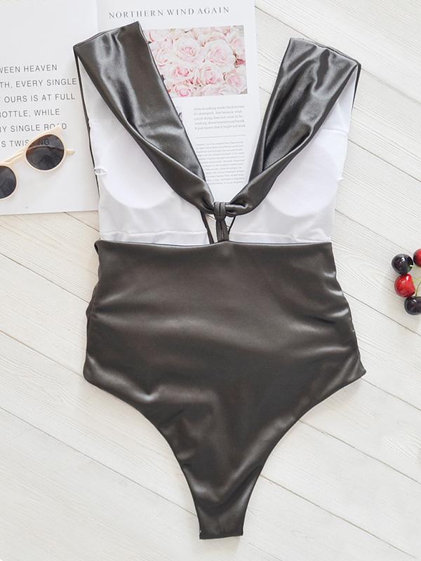 Wet Look Gathered Split Bikini Swimsuit