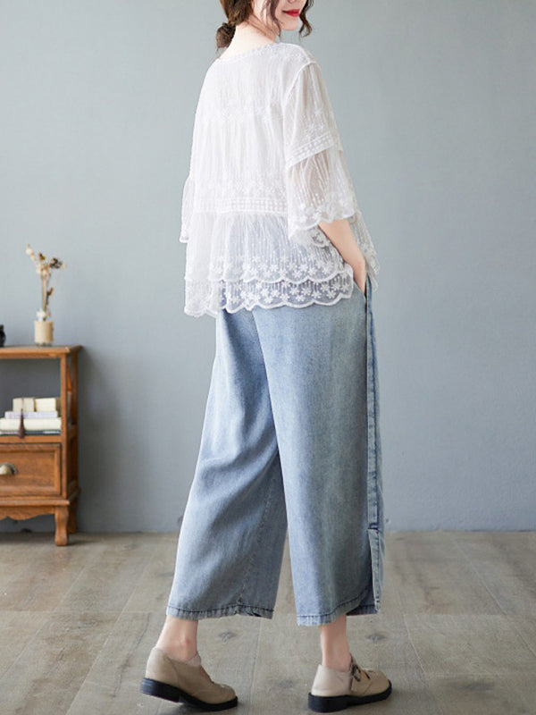 Original Loose Artistic Retro Lace Embroidered T-Shirt Top