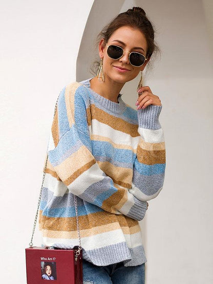 Two-tone Flocked Striped Loose Sweater