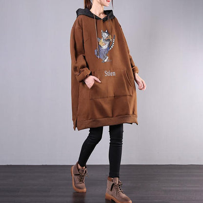 Buykud Cartoon Cat Casual Loose Comfortable Hooded Dress