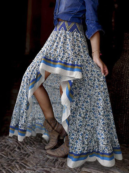Asymmetric Printed Waisted Bohemia Skirt