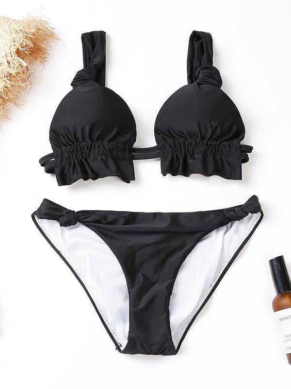 Solid Color Knotted Split Bikini Swimsuit