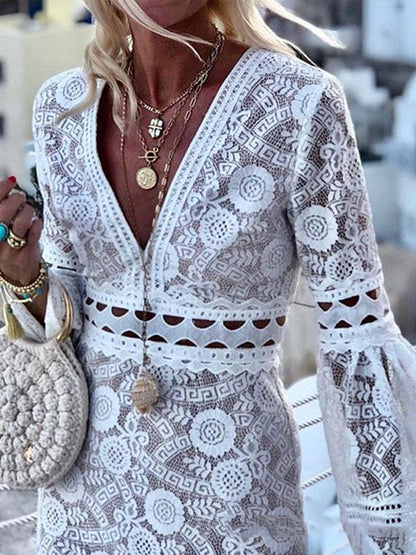 Fashion V-neck Flared Long Sleeves Mini Dress